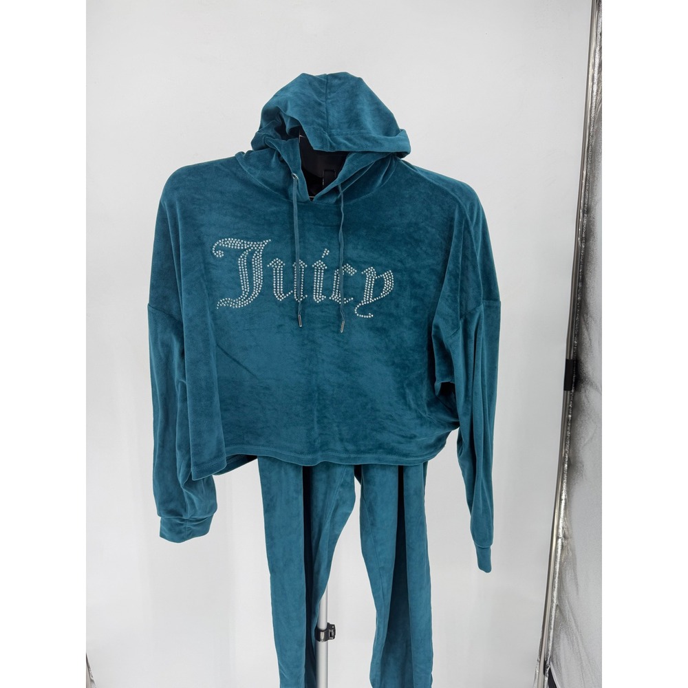 Juicy Couture Tracksuit Women L Teal Excellent Velour Rhinestone Crop Hoodie Set